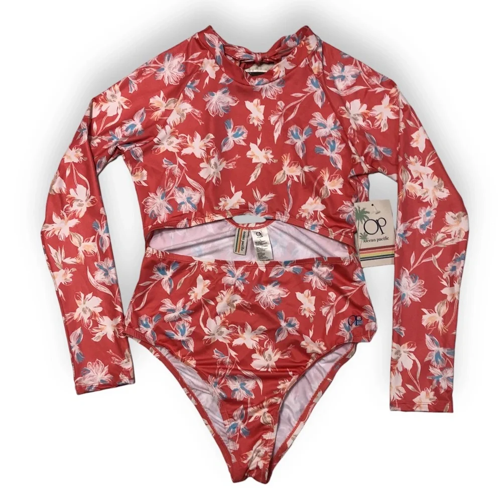 OP OCEAN PACIFIC Orange Floral Cut-Out One Piece Swimsuit